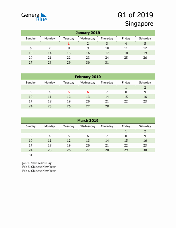 Quarterly Calendar 2019 with Singapore Holidays