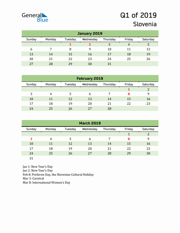 Quarterly Calendar 2019 with Slovenia Holidays