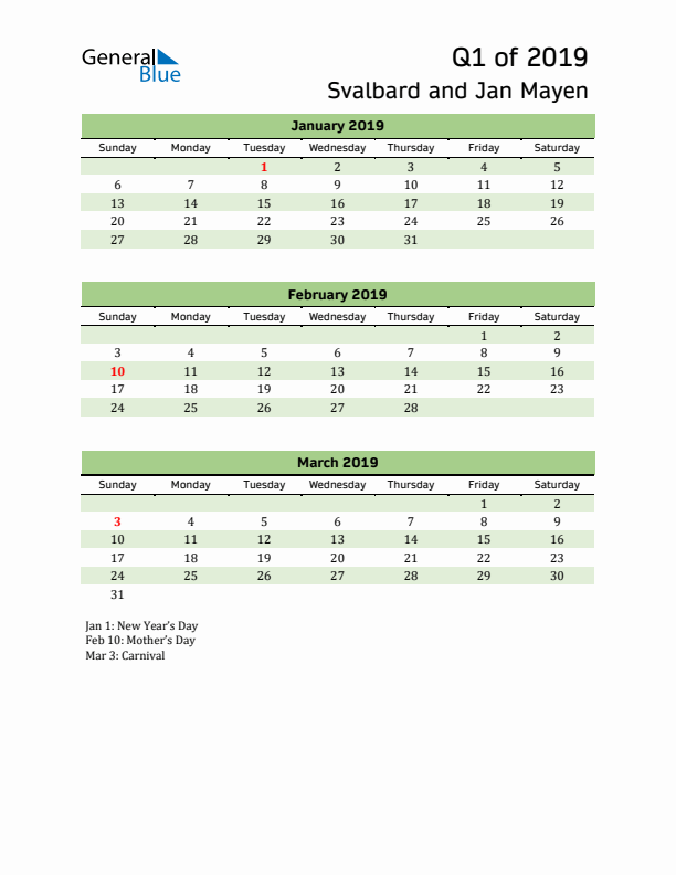 Quarterly Calendar 2019 with Svalbard and Jan Mayen Holidays