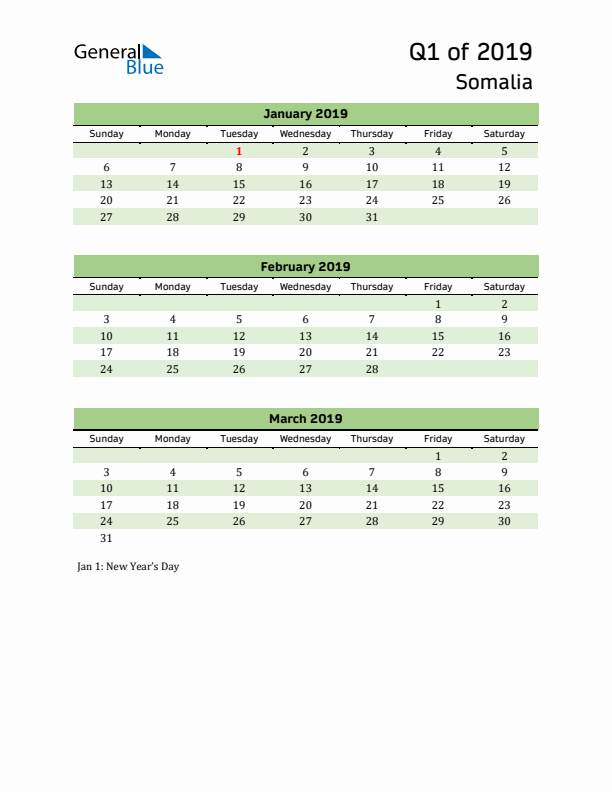 Quarterly Calendar 2019 with Somalia Holidays