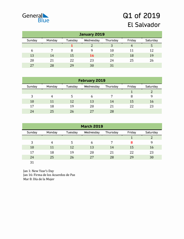 Quarterly Calendar 2019 with El Salvador Holidays