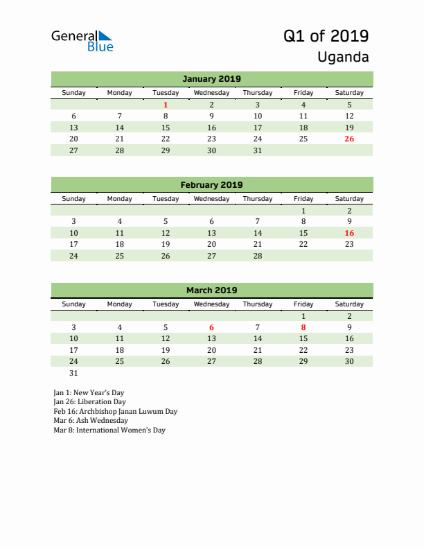 Quarterly Calendar 2019 with Uganda Holidays