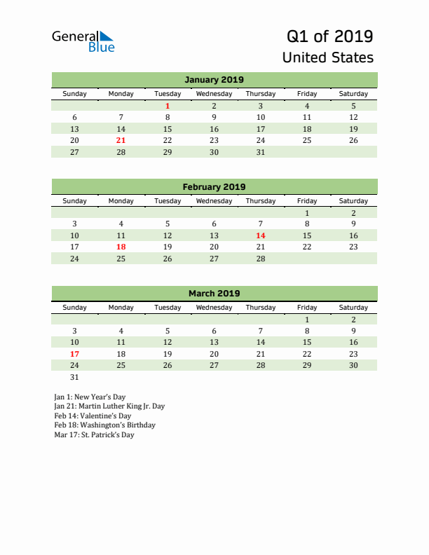 Quarterly Calendar 2019 with United States Holidays