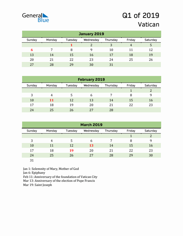 Quarterly Calendar 2019 with Vatican Holidays