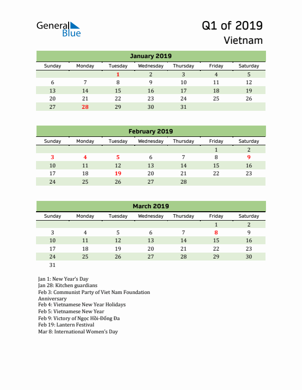 Quarterly Calendar 2019 with Vietnam Holidays