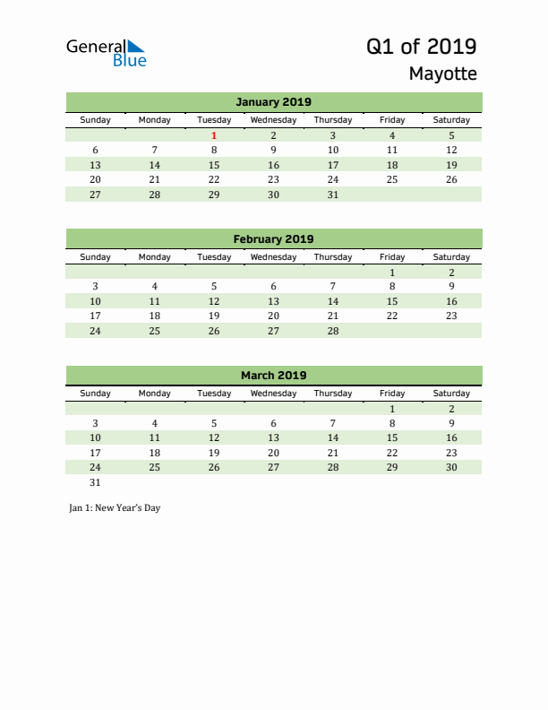 Quarterly Calendar 2019 with Mayotte Holidays