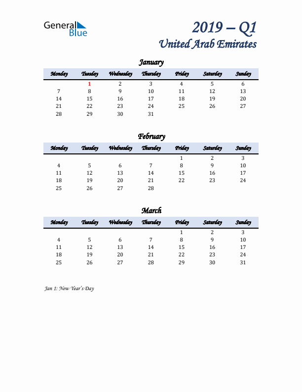 January, February, and March Calendar for United Arab Emirates with Monday Start