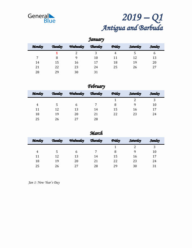 January, February, and March Calendar for Antigua and Barbuda with Monday Start