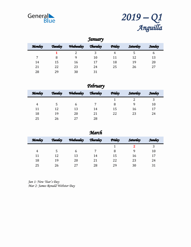 January, February, and March Calendar for Anguilla with Monday Start