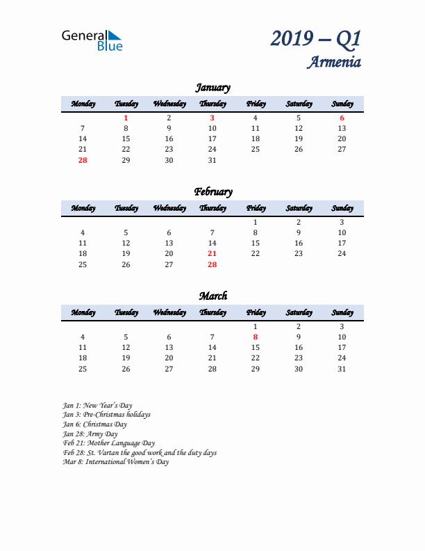 January, February, and March Calendar for Armenia with Monday Start