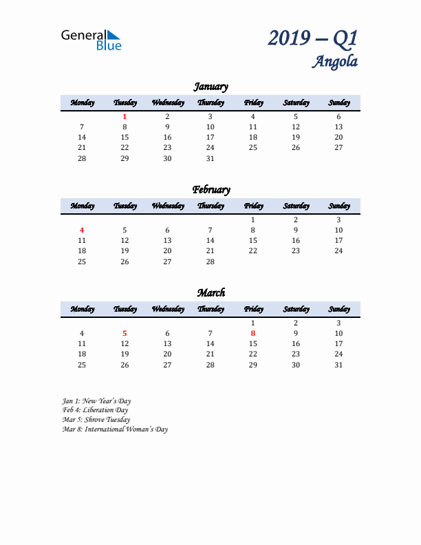 January, February, and March Calendar for Angola with Monday Start