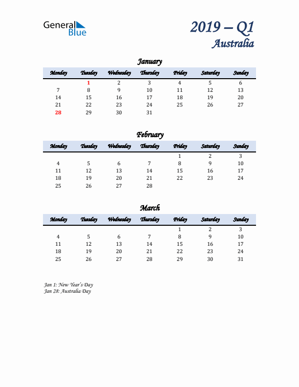 January, February, and March Calendar for Australia with Monday Start