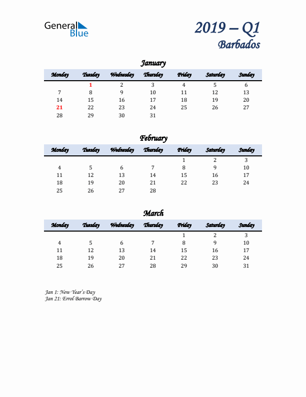 January, February, and March Calendar for Barbados with Monday Start