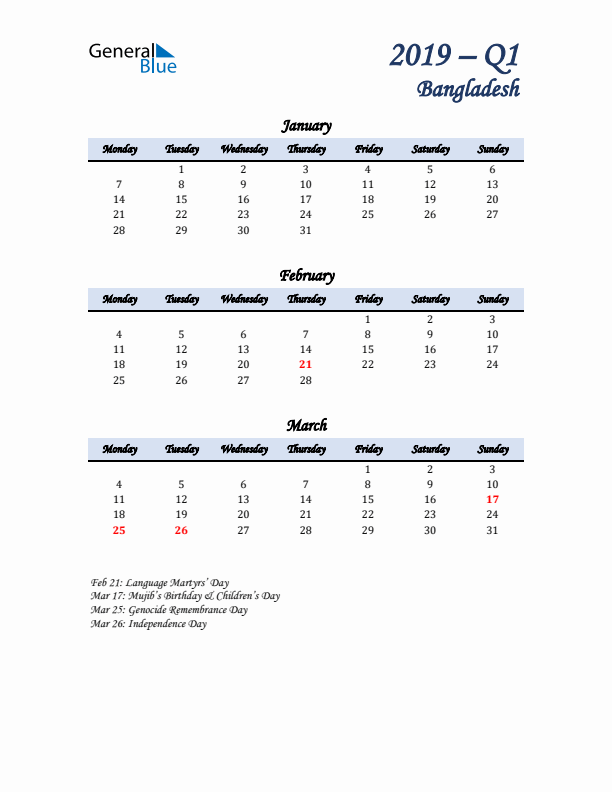 January, February, and March Calendar for Bangladesh with Monday Start