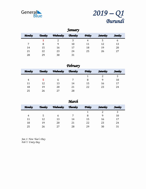 January, February, and March Calendar for Burundi with Monday Start