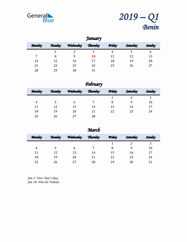 January, February, and March Calendar for Benin with Monday Start