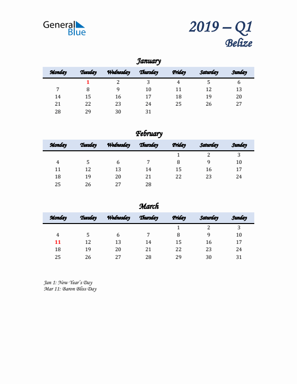 January, February, and March Calendar for Belize with Monday Start