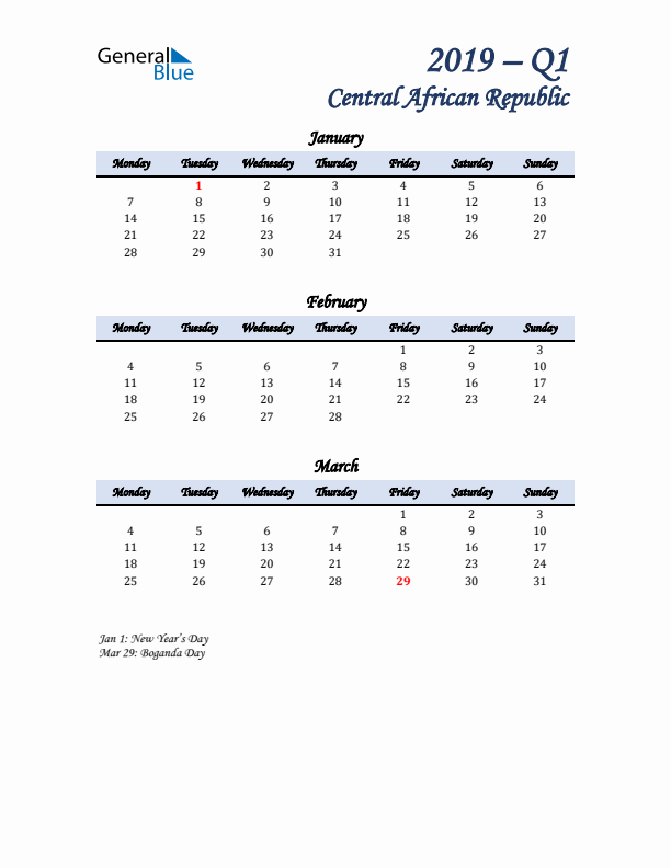 January, February, and March Calendar for Central African Republic with Monday Start