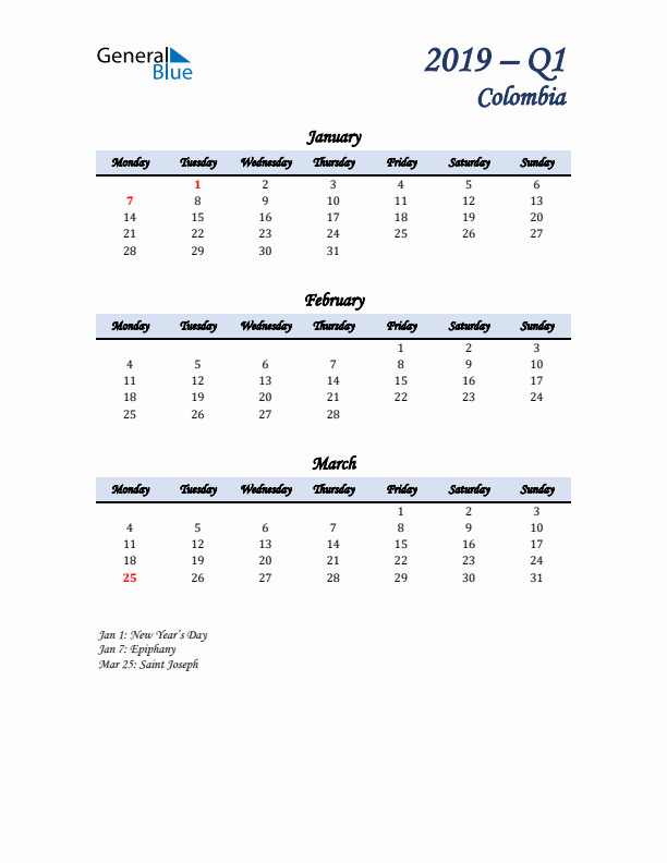 January, February, and March Calendar for Colombia with Monday Start