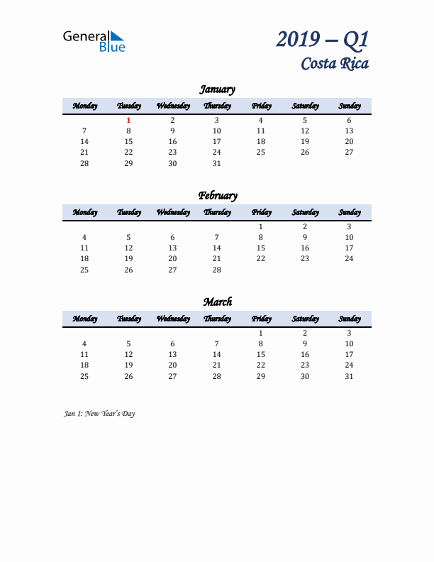 January, February, and March Calendar for Costa Rica with Monday Start