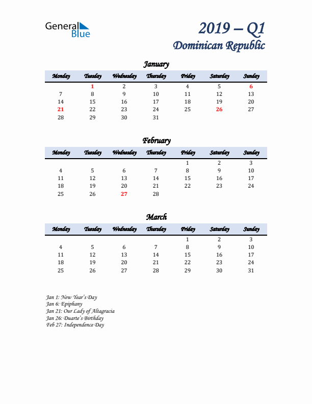 January, February, and March Calendar for Dominican Republic with Monday Start