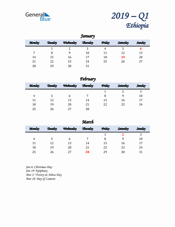 January, February, and March Calendar for Ethiopia with Monday Start