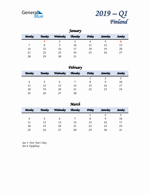 January, February, and March Calendar for Finland with Monday Start