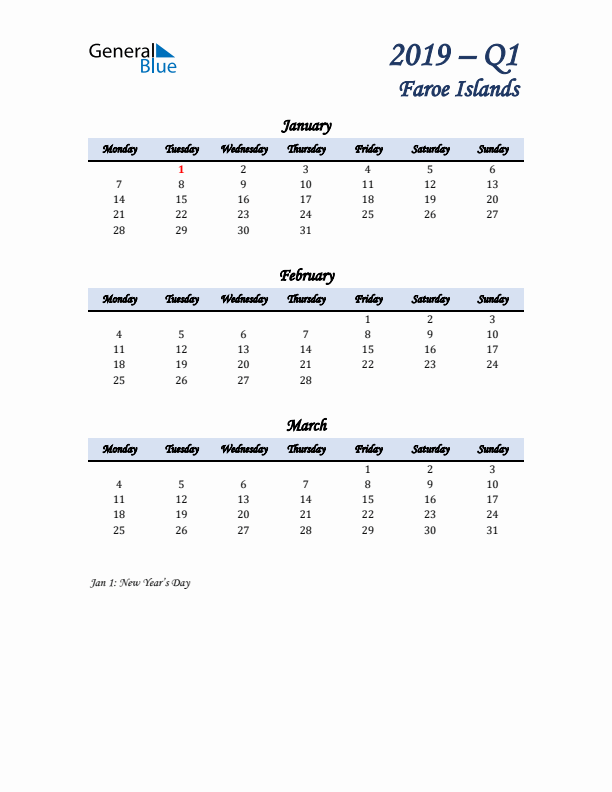 January, February, and March Calendar for Faroe Islands with Monday Start