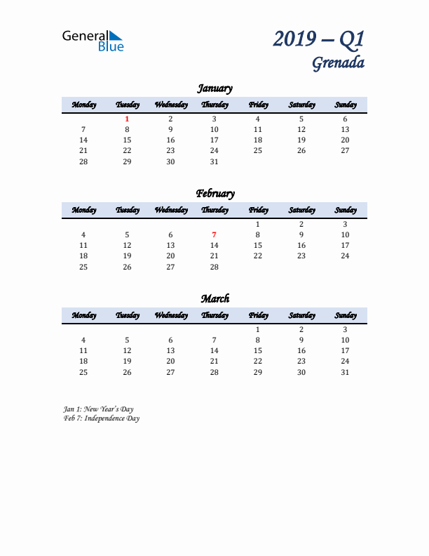 January, February, and March Calendar for Grenada with Monday Start