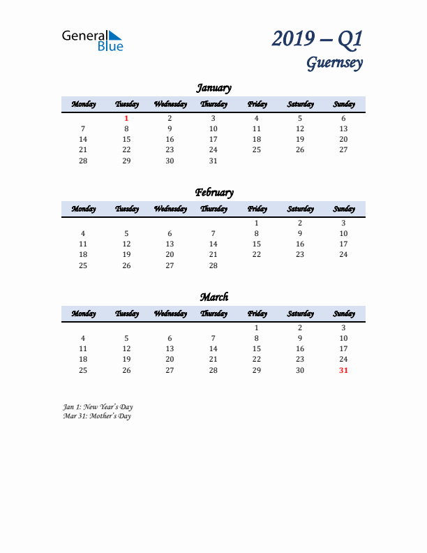 January, February, and March Calendar for Guernsey with Monday Start