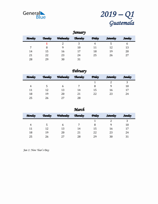 January, February, and March Calendar for Guatemala with Monday Start