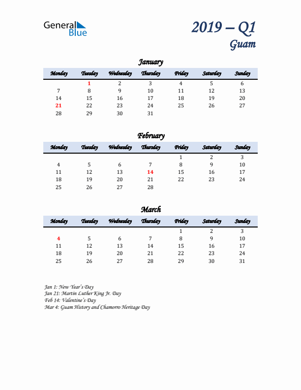 January, February, and March Calendar for Guam with Monday Start