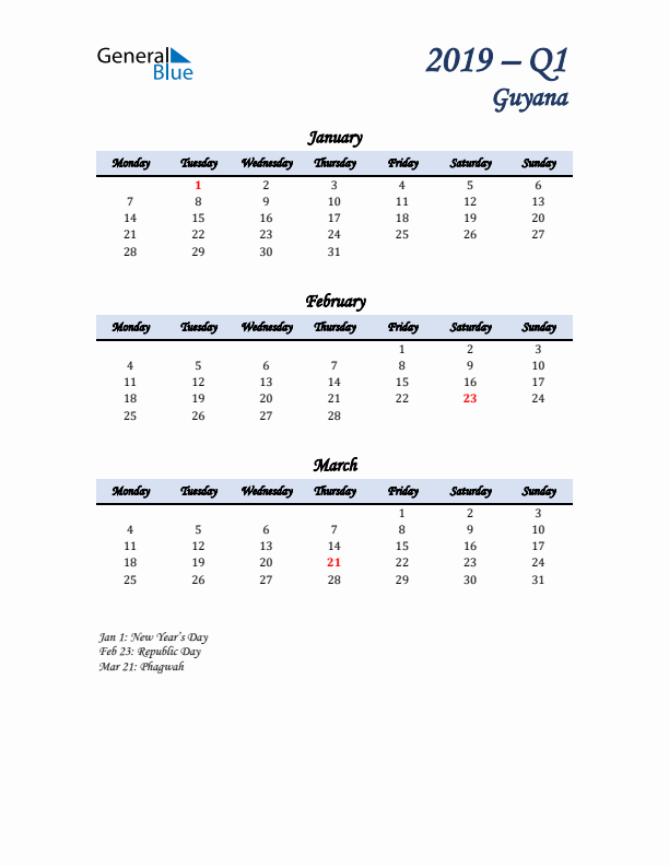 January, February, and March Calendar for Guyana with Monday Start