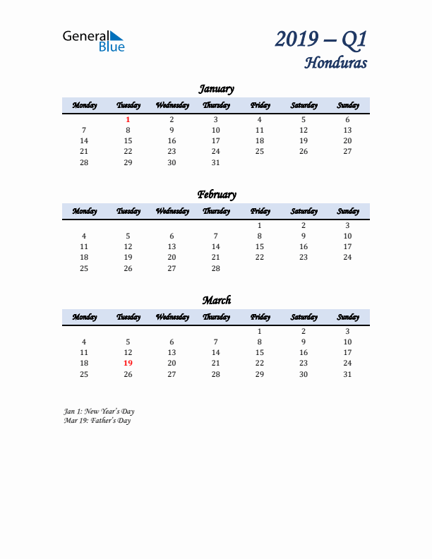 January, February, and March Calendar for Honduras with Monday Start