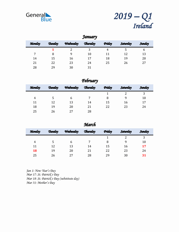 January, February, and March Calendar for Ireland with Monday Start