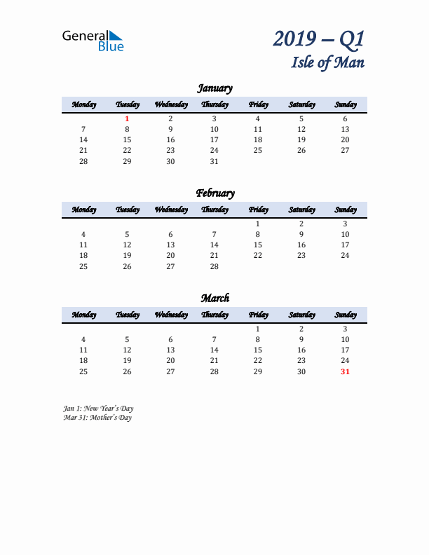 January, February, and March Calendar for Isle of Man with Monday Start