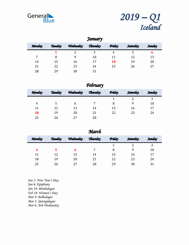 January, February, and March Calendar for Iceland with Monday Start