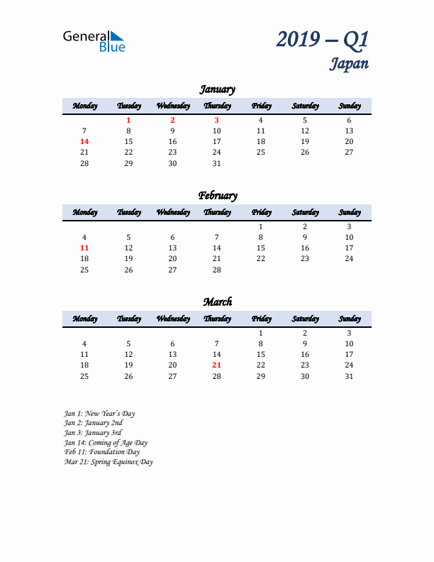 January, February, and March Calendar for Japan with Monday Start