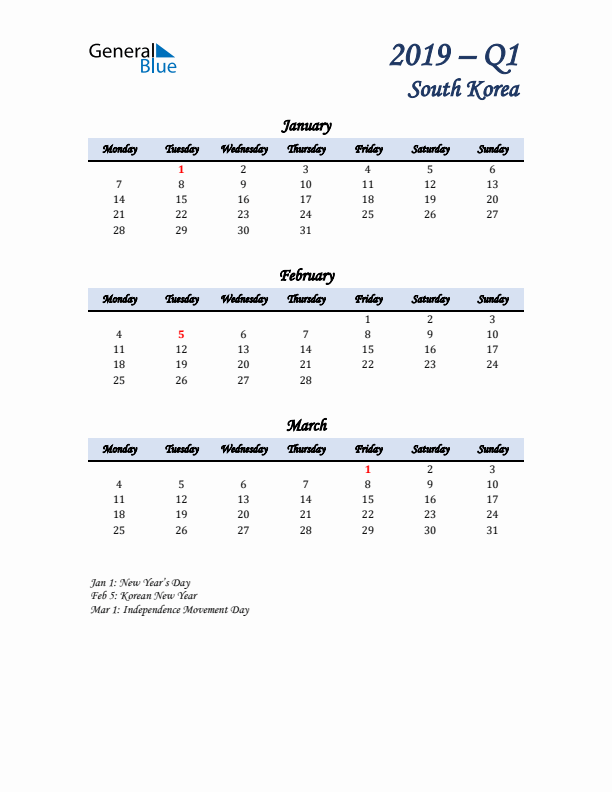 January, February, and March Calendar for South Korea with Monday Start