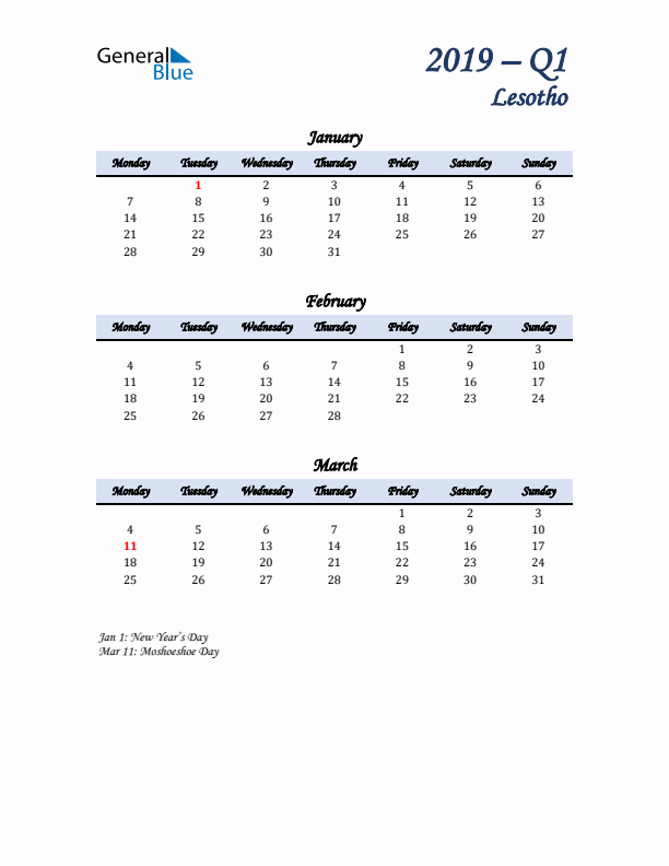 January, February, and March Calendar for Lesotho with Monday Start