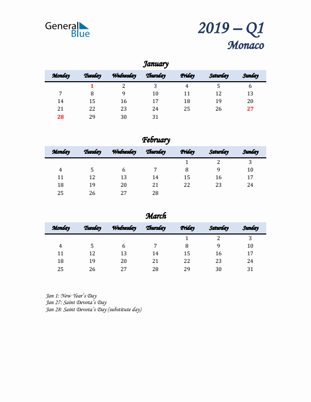 January, February, and March Calendar for Monaco with Monday Start