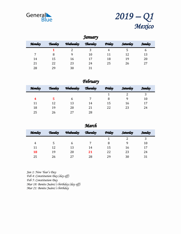 January, February, and March Calendar for Mexico with Monday Start