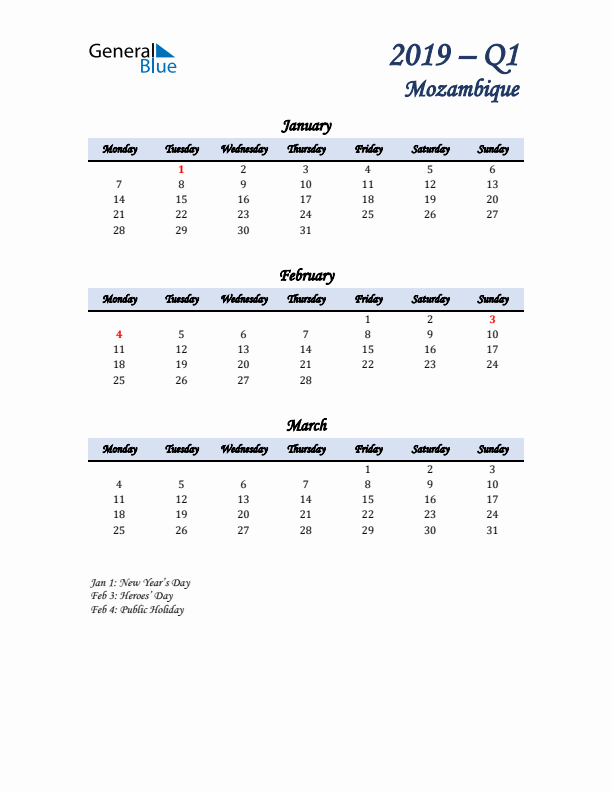 January, February, and March Calendar for Mozambique with Monday Start