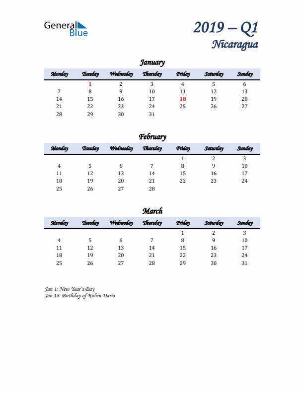 January, February, and March Calendar for Nicaragua with Monday Start