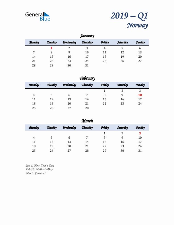 January, February, and March Calendar for Norway with Monday Start