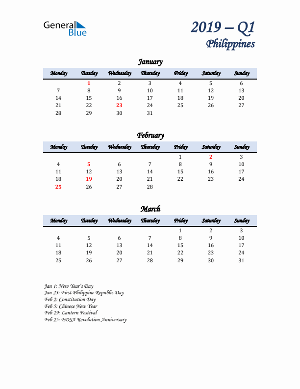 January, February, and March Calendar for Philippines with Monday Start