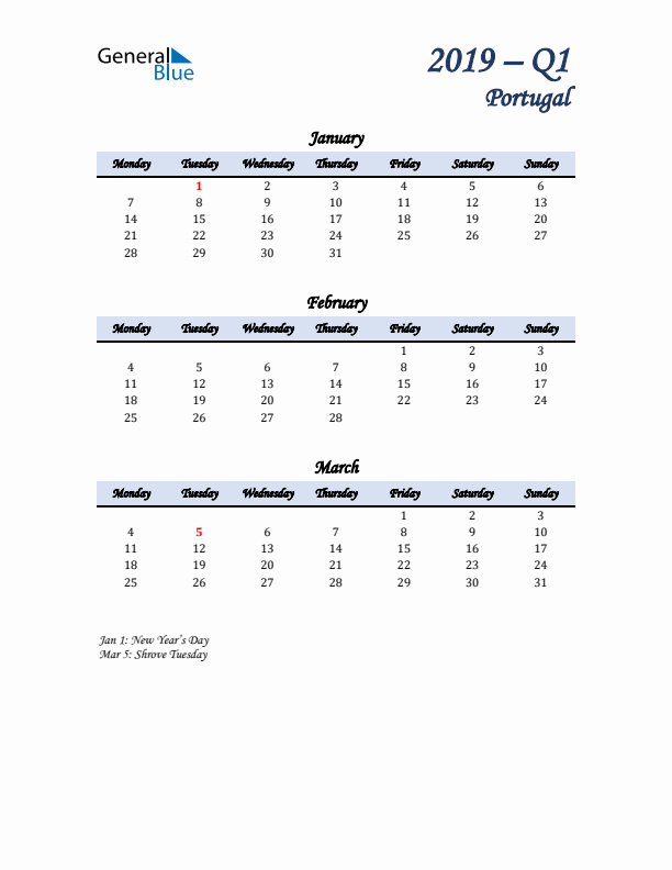 January, February, and March Calendar for Portugal with Monday Start