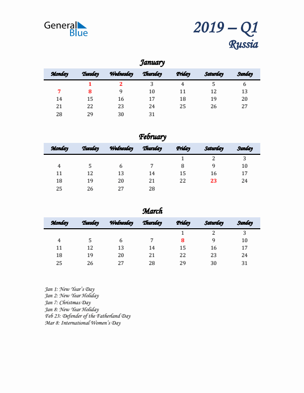 January, February, and March Calendar for Russia with Monday Start