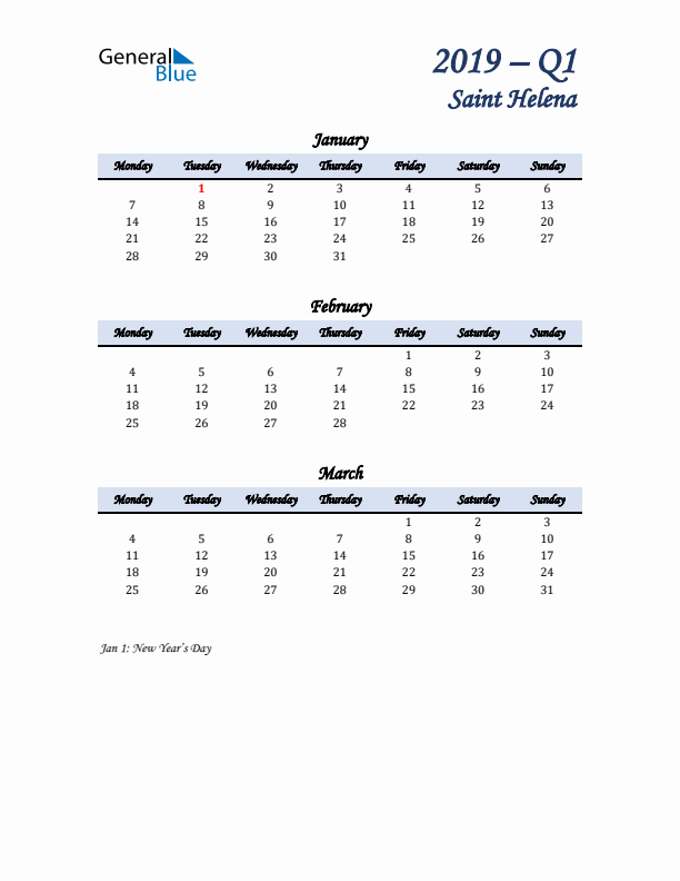 January, February, and March Calendar for Saint Helena with Monday Start