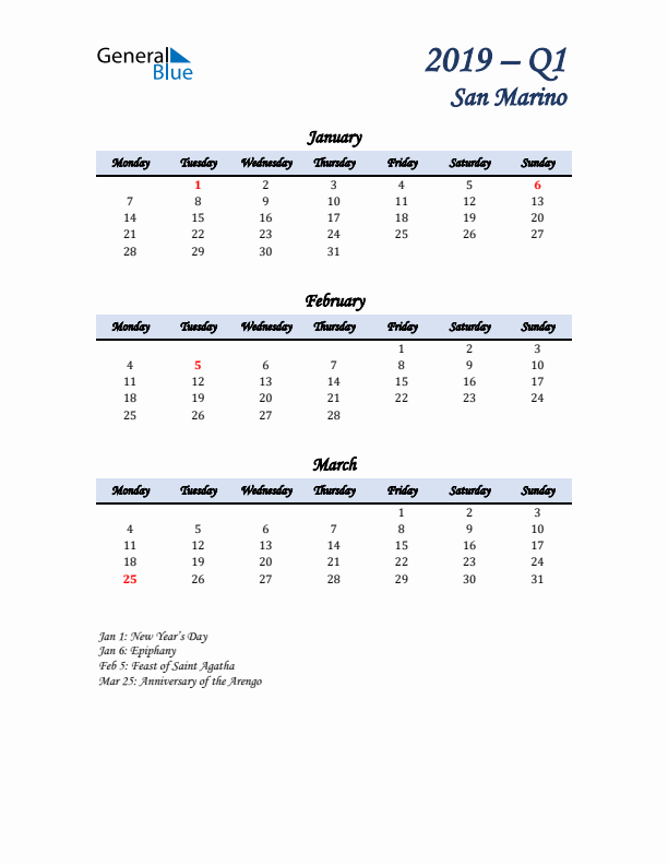 January, February, and March Calendar for San Marino with Monday Start